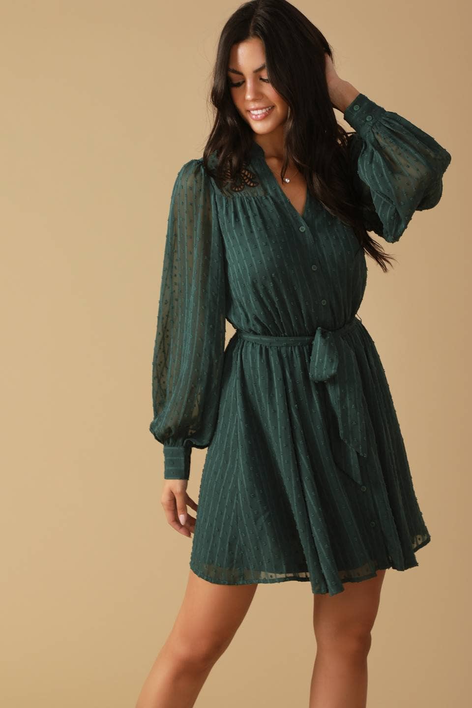 A textured woven mini dress - ID21669: HUNTER GREEN / Contemporary Flying Tomato