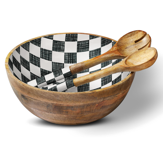 Black Check 12" Wood Bowl w/ Matching Servers Trinquet