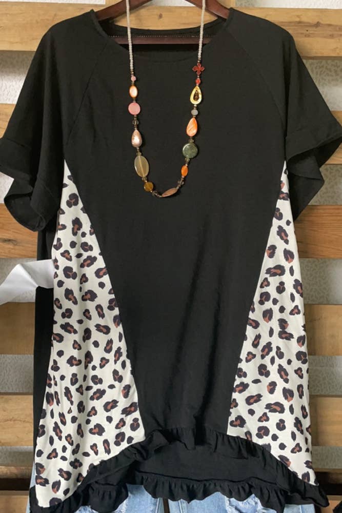 O-neck Short Sleeve Leopard Stitching Top Unishe Black