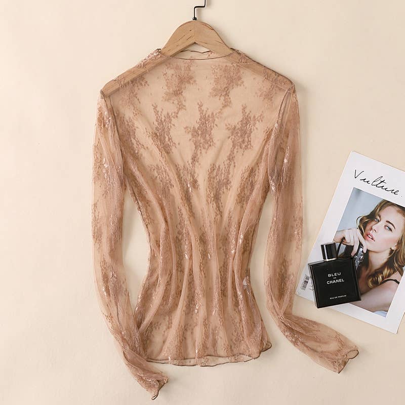 Semi Sheer Mesh Floral Lace Layering See Through Top: Caramel Rosa