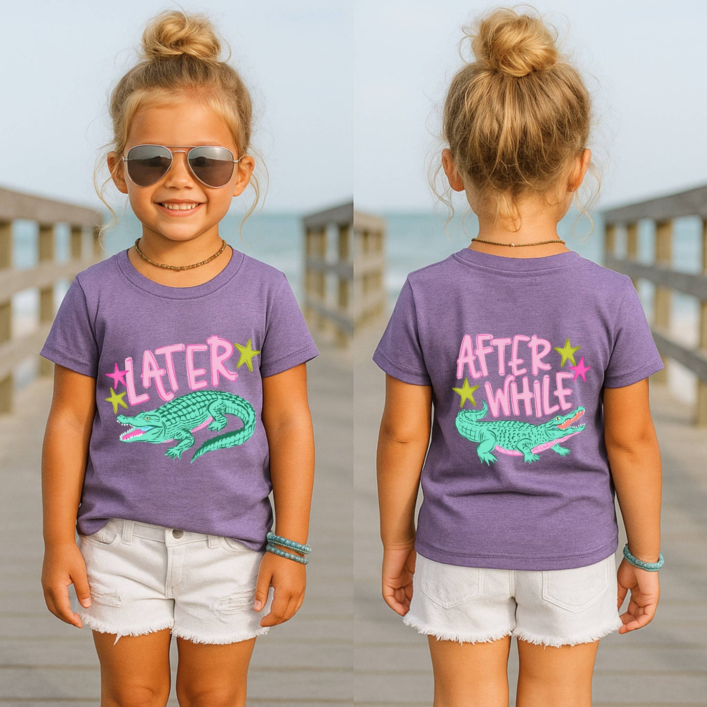 YOUTH Later Gator After While Crocodile T-Shirt Front & Back: Violet