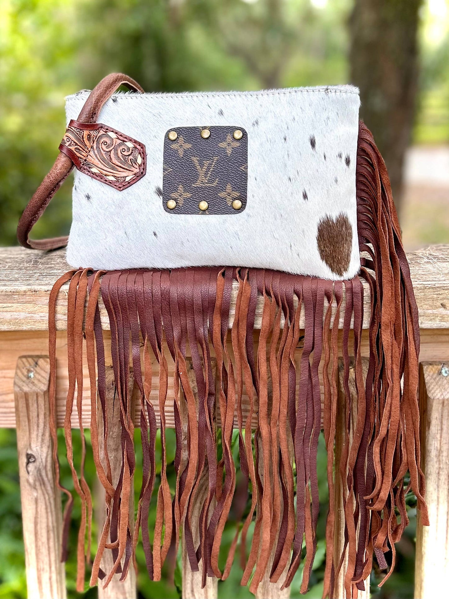 Upcycled LV Cowhide Leather Fringe Wristlet Wallet Bag Boho Southern Junkie