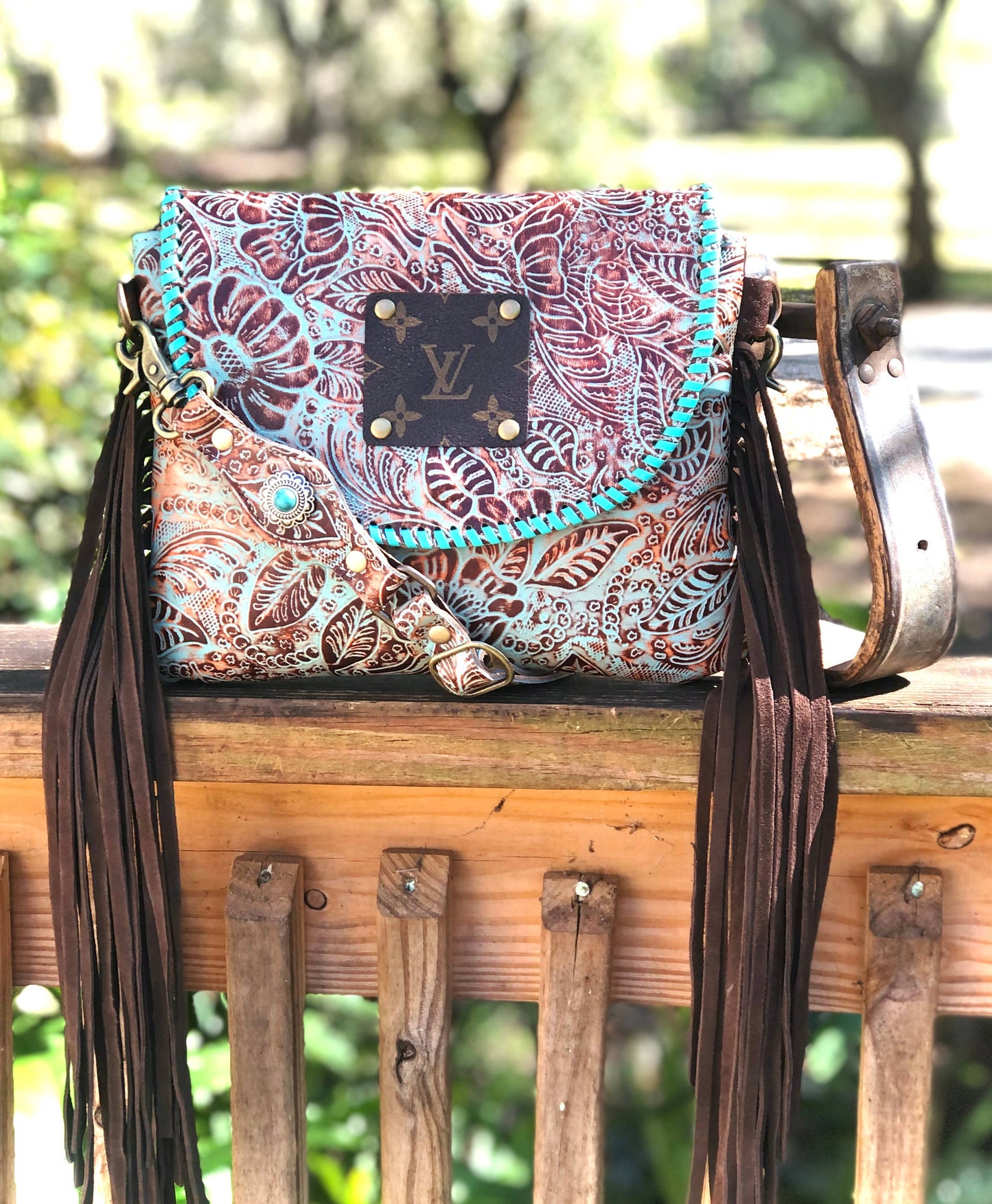 Upcycled LV Leather Fringe Crossbody Bag Western Boho Southern Junkie