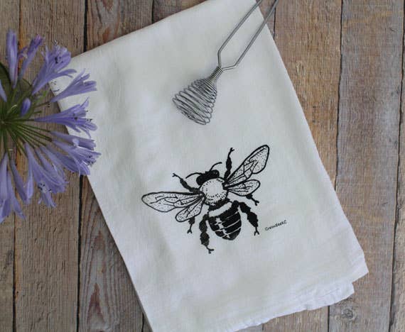 Bee Kitchen Towel | Tea Towels | Flour Sack Dish Towels: Black