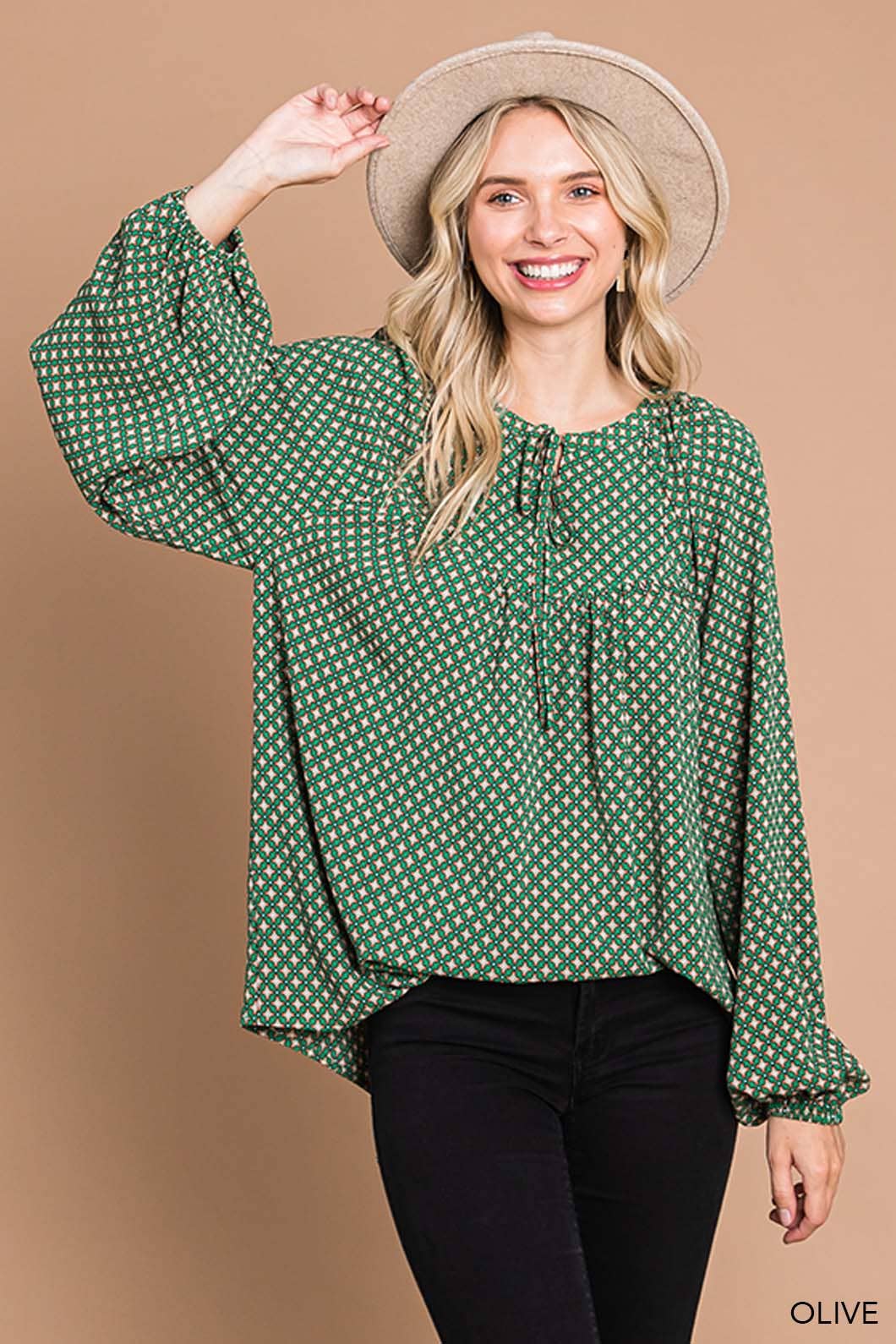 Boho Tile Print Bubble Sleeve Women's Blouse cotton blue