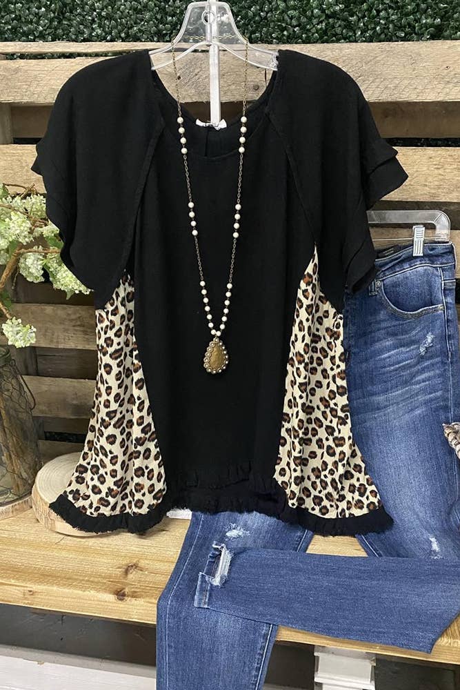 O-neck Short Sleeve Leopard Stitching Top Unishe Black