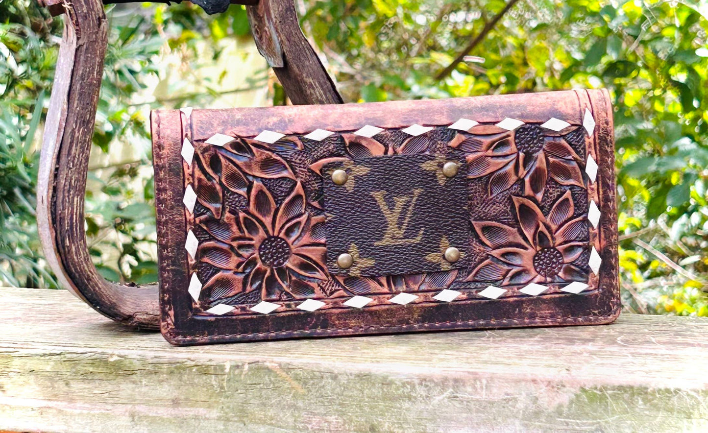 Upcycled LV Hand Tooled Leather Wallet Organizer Western Southern Junkie