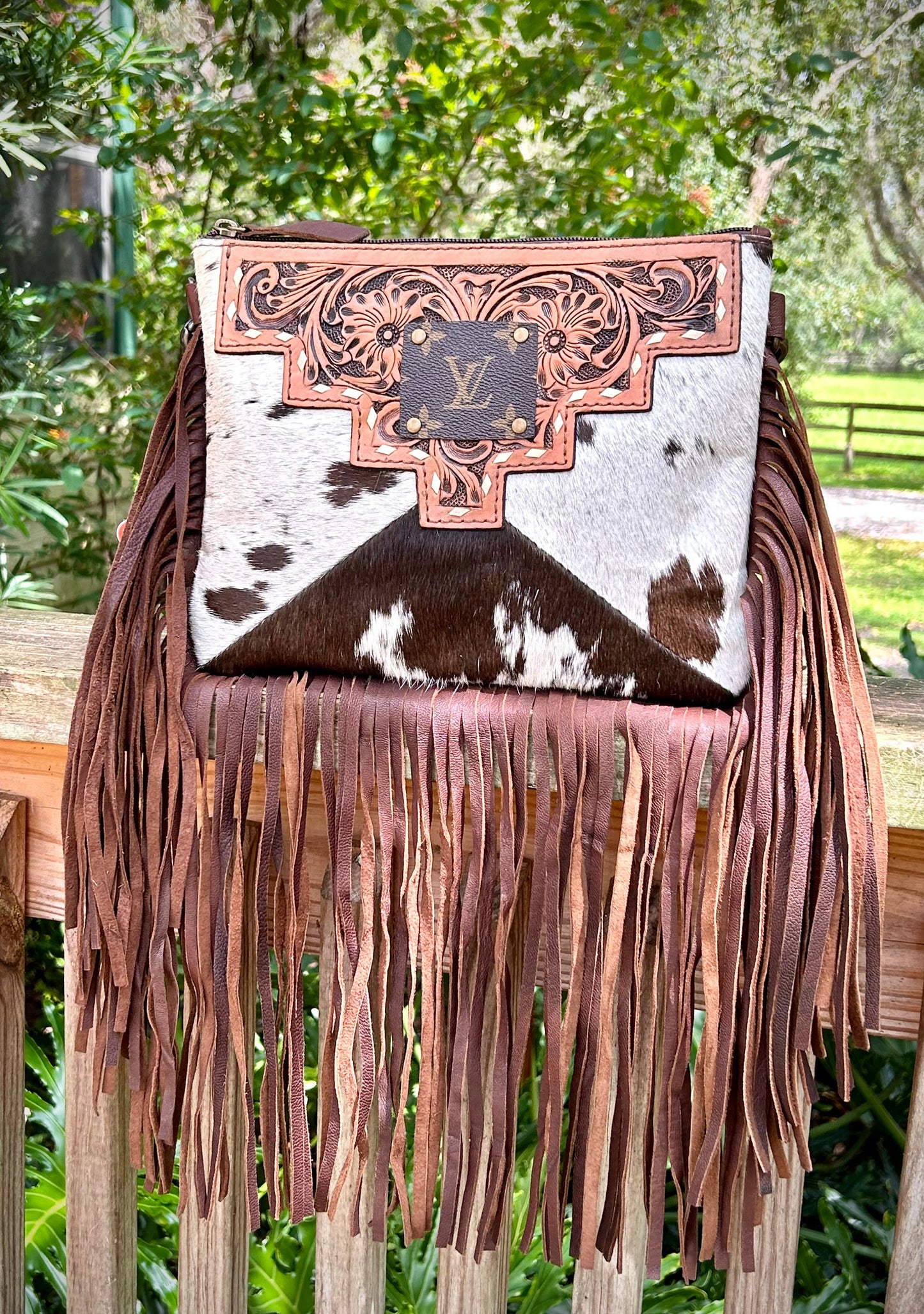 Upcycled LV Cowhide Leather Fringe Crossbody Bag Western southern Junkie