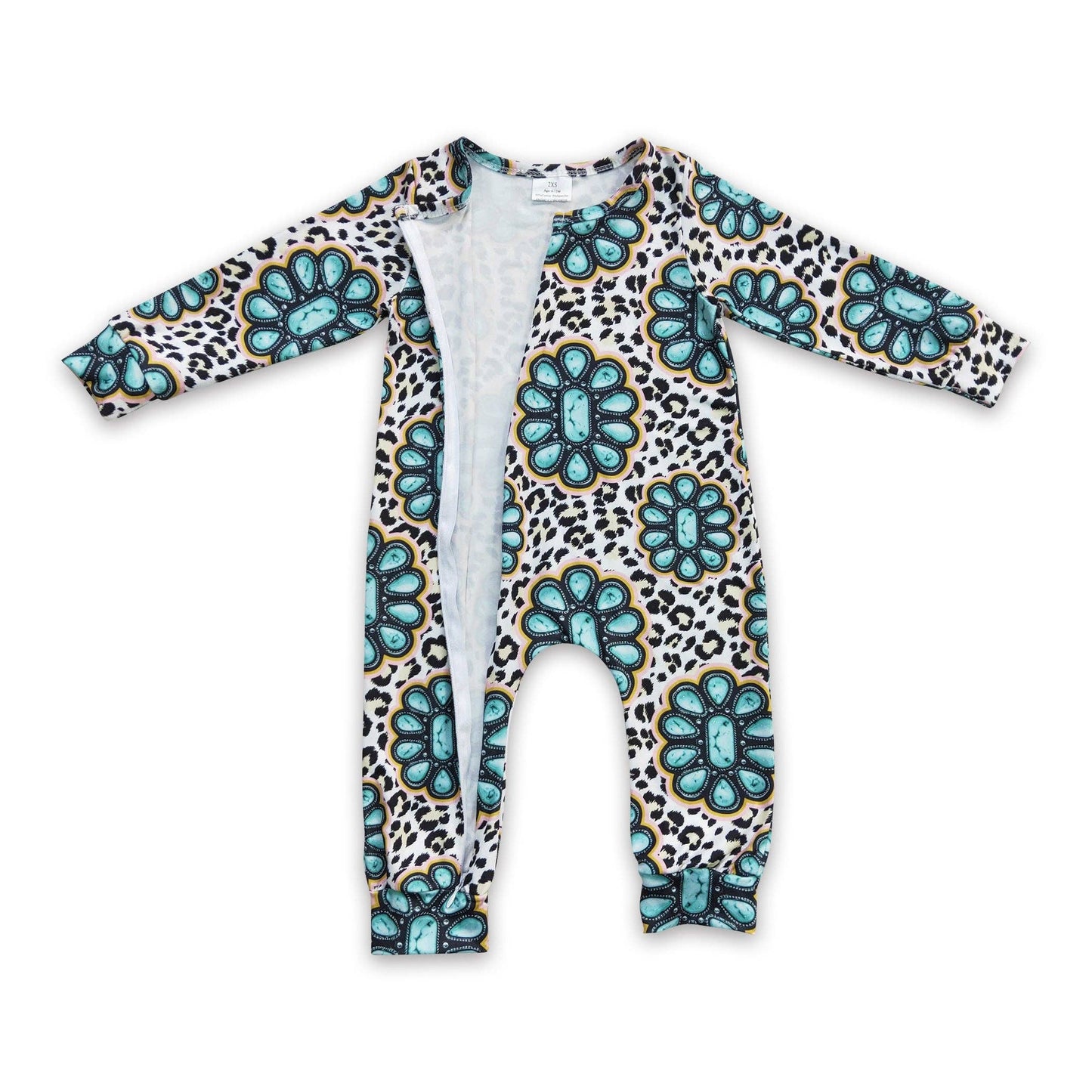 Turquoise leopard baby kids western footed zipper coverall: Yawoo