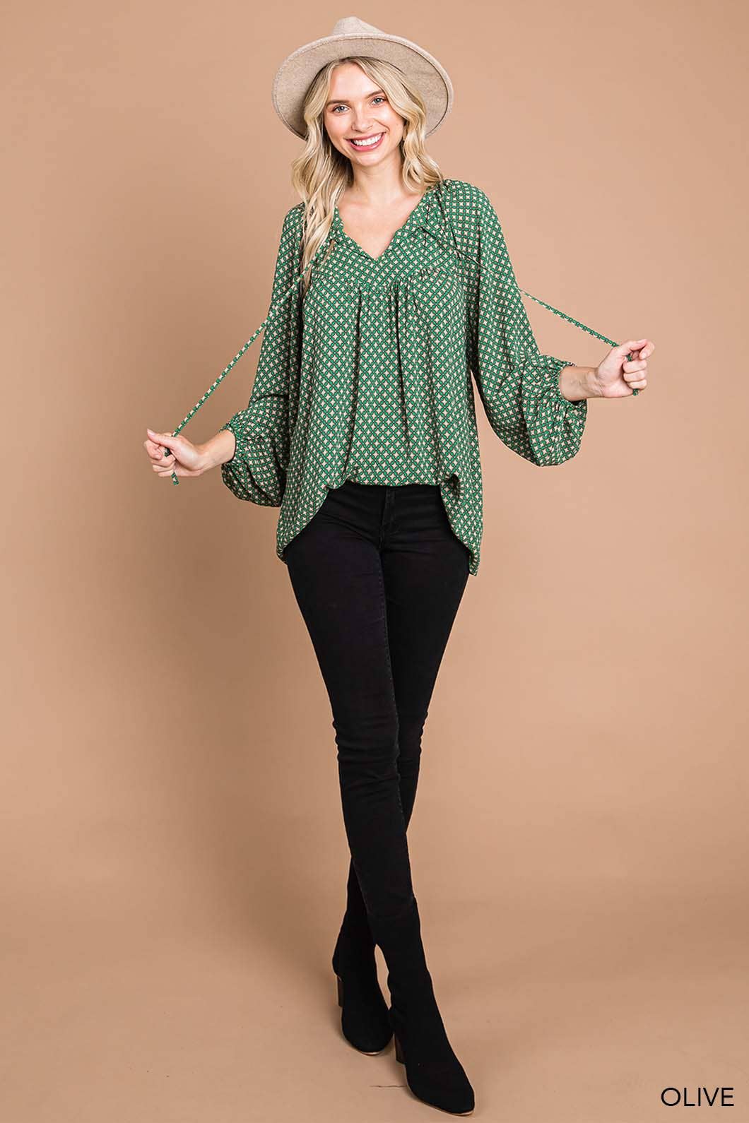 Boho Tile Print Bubble Sleeve Women's Blouse cotton blue