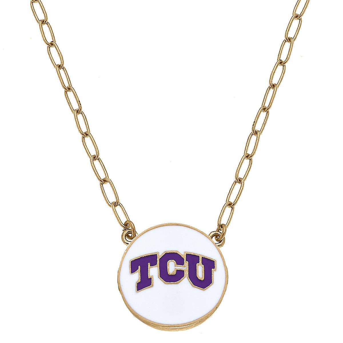 TCU Horned Frogs Enamel Disc Pendant Necklace in White Canvas