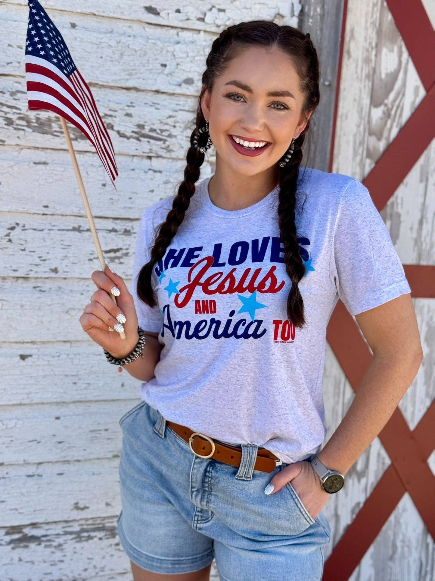 She Loves Jesus & America Too Tee & Tank: White Fleck / Texas True