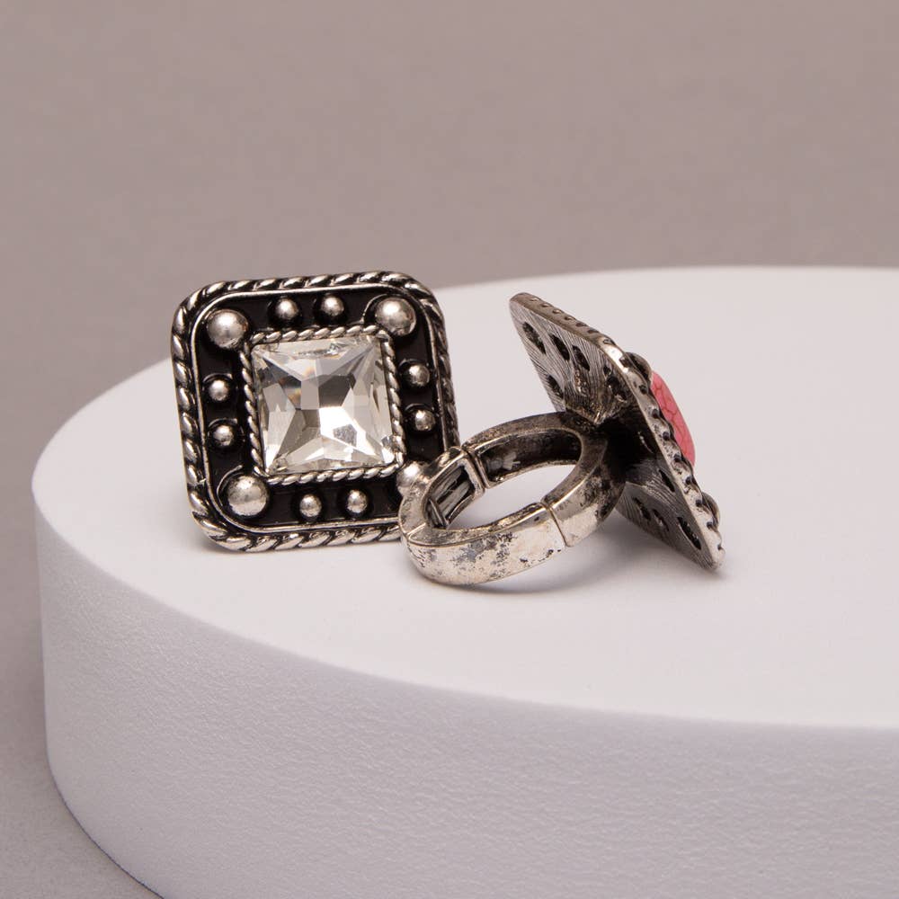 Western Turquoise Embellished Square Concho Ring: Pink