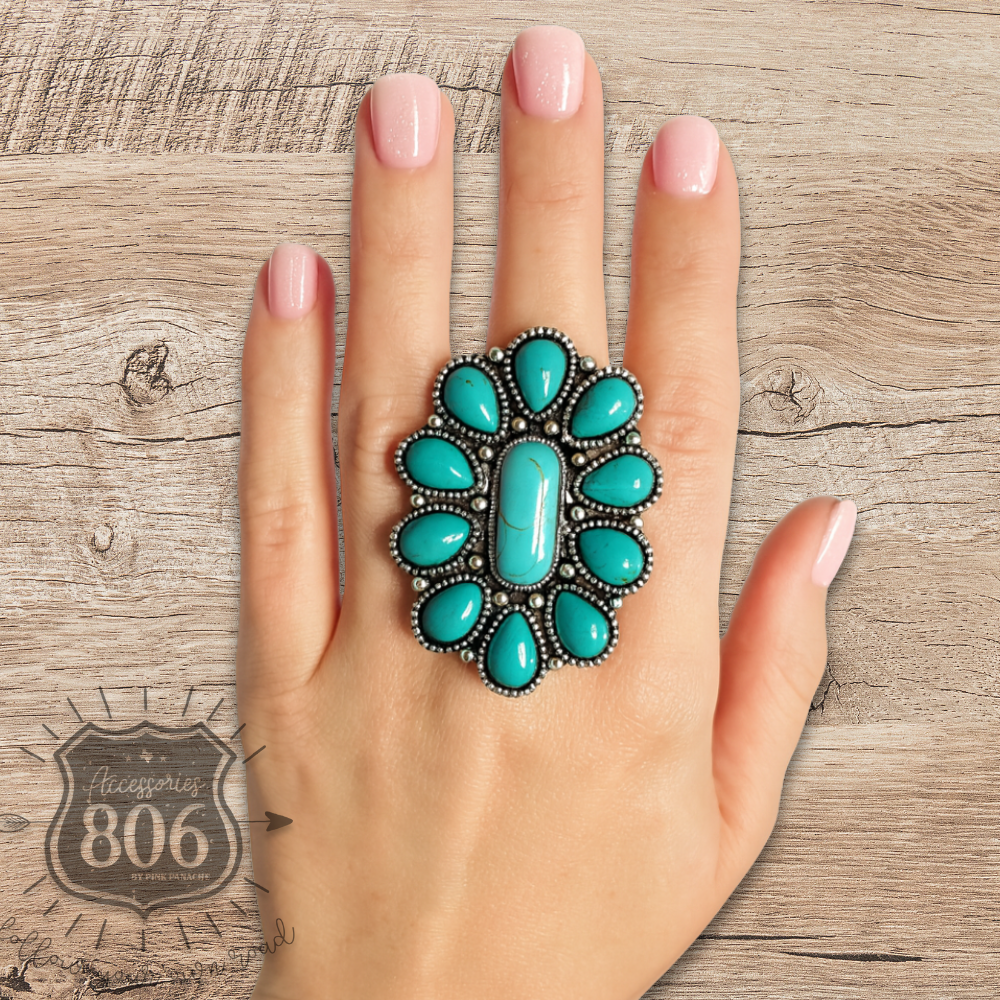Turquoise color oval flower ring - LC: Turquoise