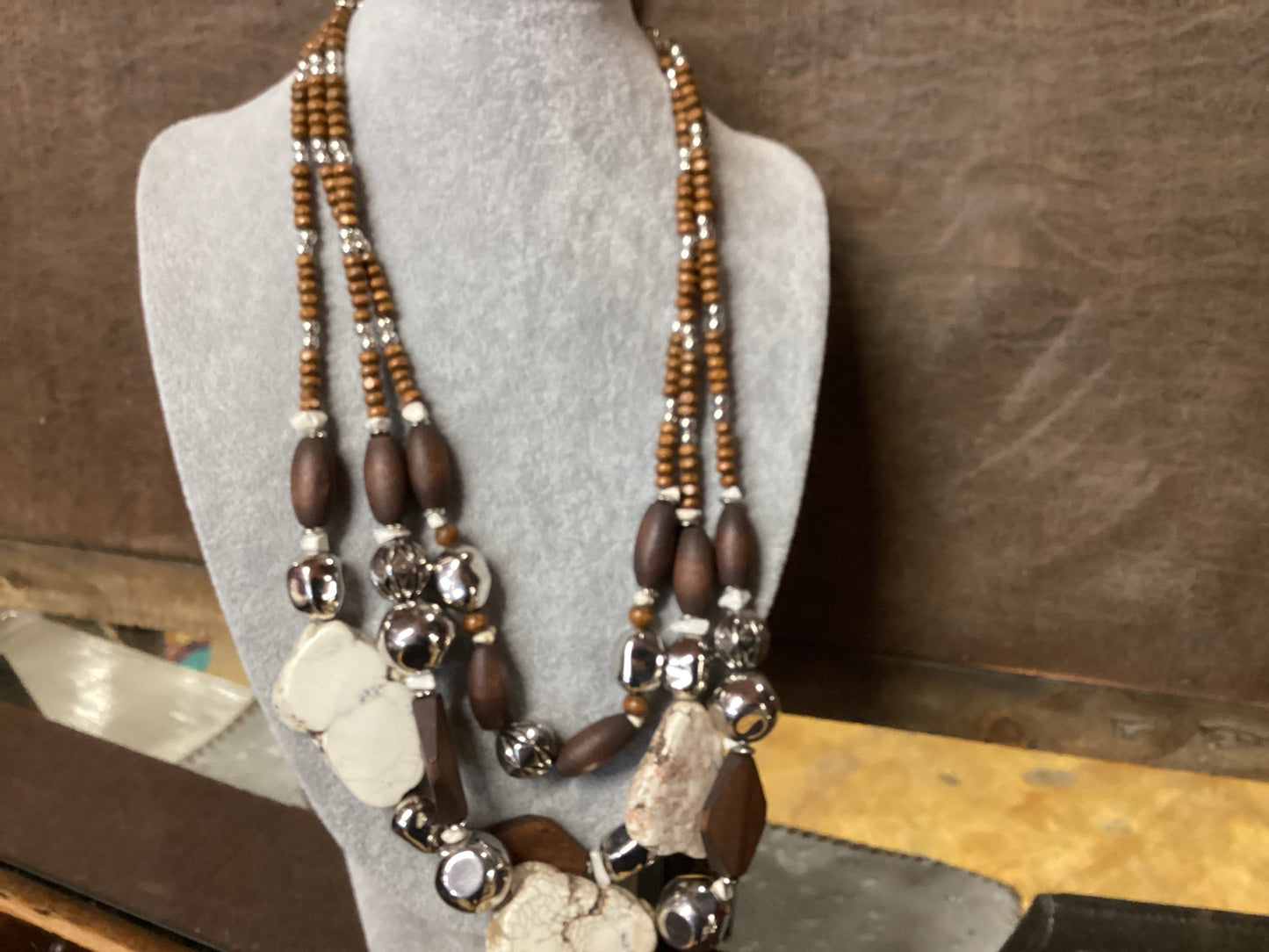 Wooden Beads/White Stone Necklace