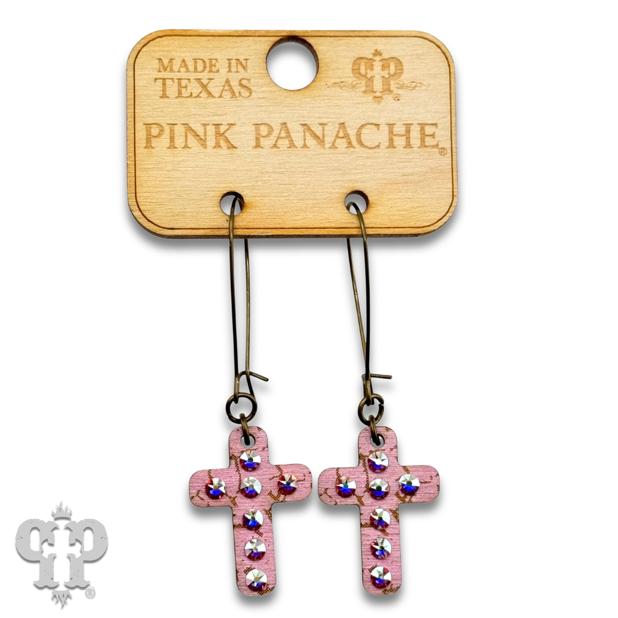 Mini wood cross earring with Austrian crystals: White