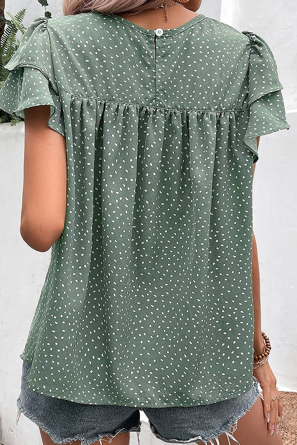 Laurel Green Dotted Ruffle Sleeve Crew Neck Ruched Blouse: Laurel Green / 100%Polyester Lovesoft