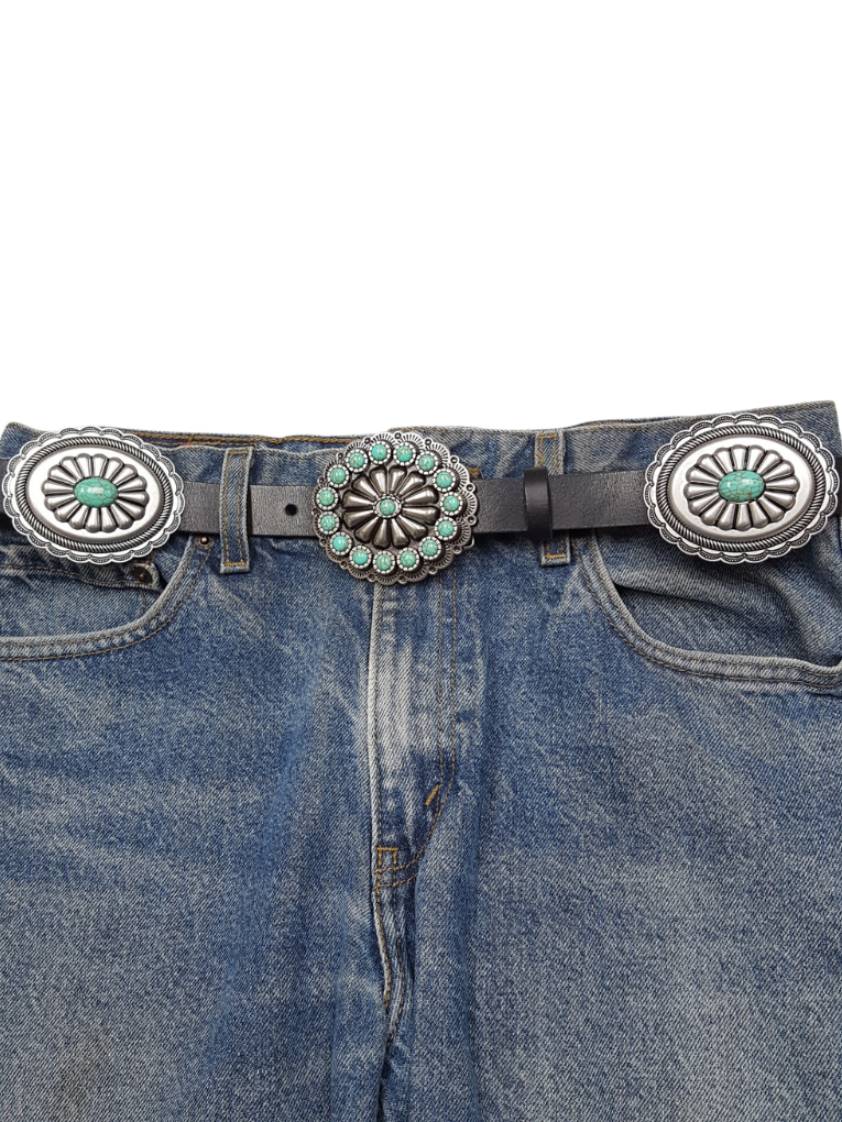 Genuine Leather belt w. full-packed oval stone conchos: Brown / Axesoria