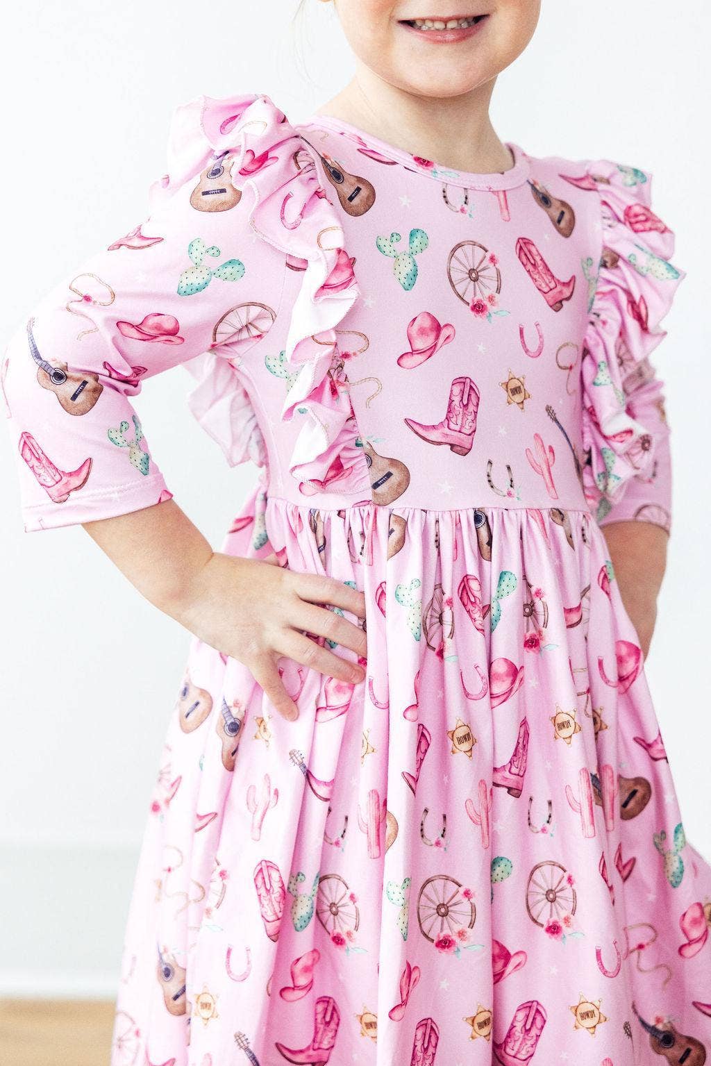 Boot Scootin' 3/4 Sleeve Ruffle Twirl Dress: Mila