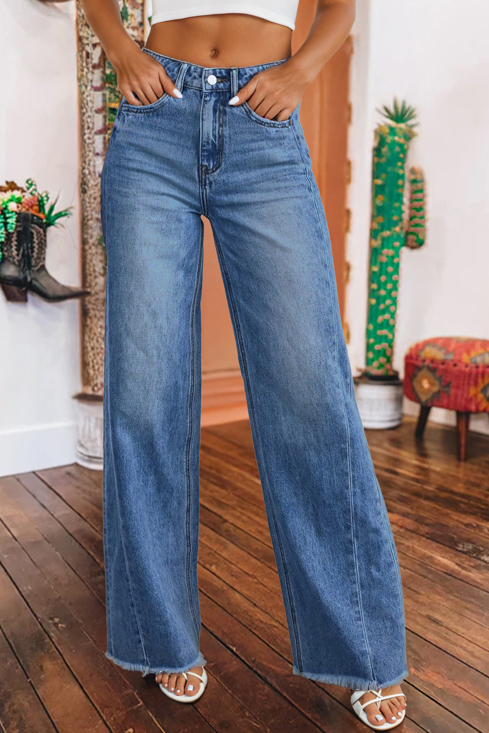 Western Frayed Edge Loose Straight High Waist Jeans: Dark Blue / fashionw