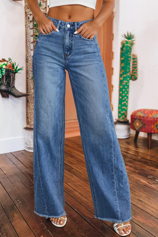 Western Frayed Edge Loose Straight High Waist Jeans: Dark Blue / fashionw