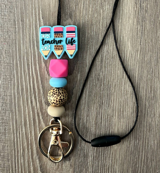 Teacher Life Pink Leopard Pencil Silicone Lanyard JInk TX/ Fl