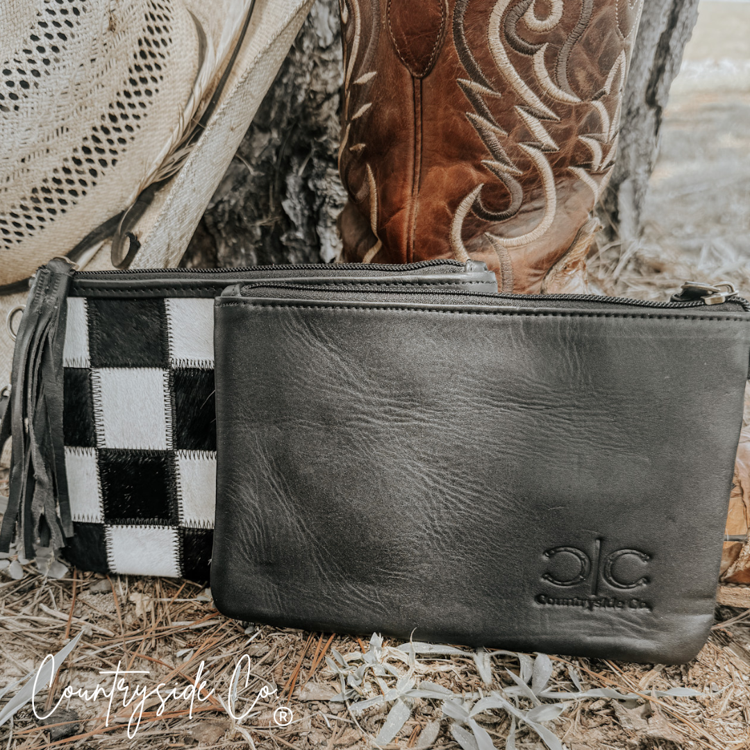 Stockyard Checkered Leather Cowhide Wristlet Pouch Texas Western Cowhide
