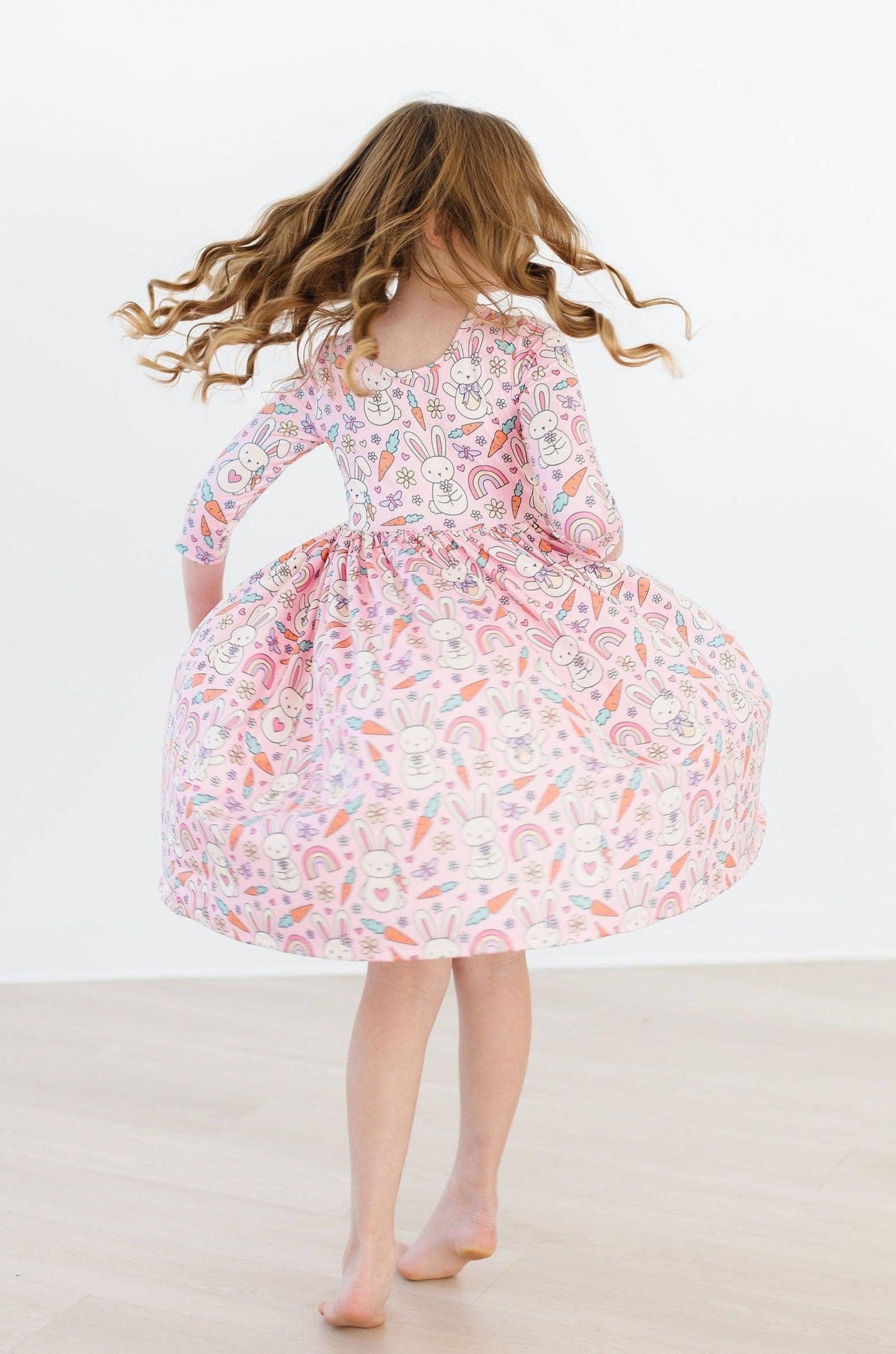 Springtime Bunnies 3/4 Sleeve Pocket Twirl Dress: Mila Tx/Fl