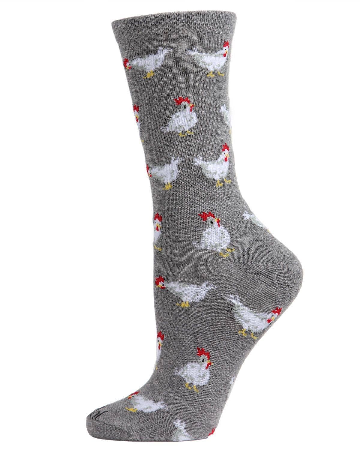 Ladies Chickens Bamboo Blend Crew Socks: Med Gray Heather / 8-11 Inf Class