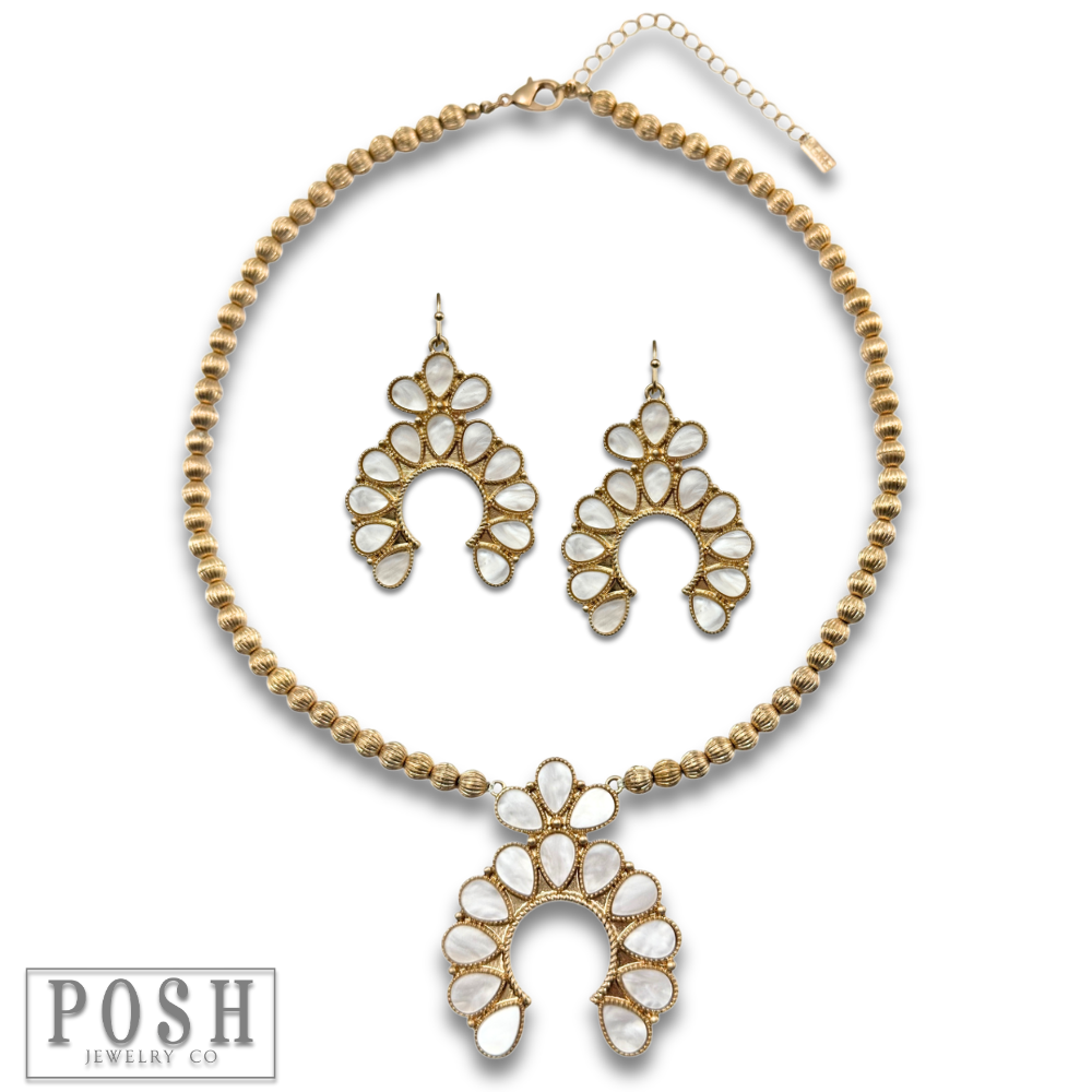 Mother of pearl look squash blossom necklace set: White