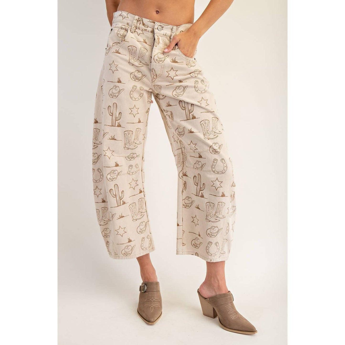 NEW Mineral Washed Western Barrel Leg Jeans: ALMOND LATTE / S