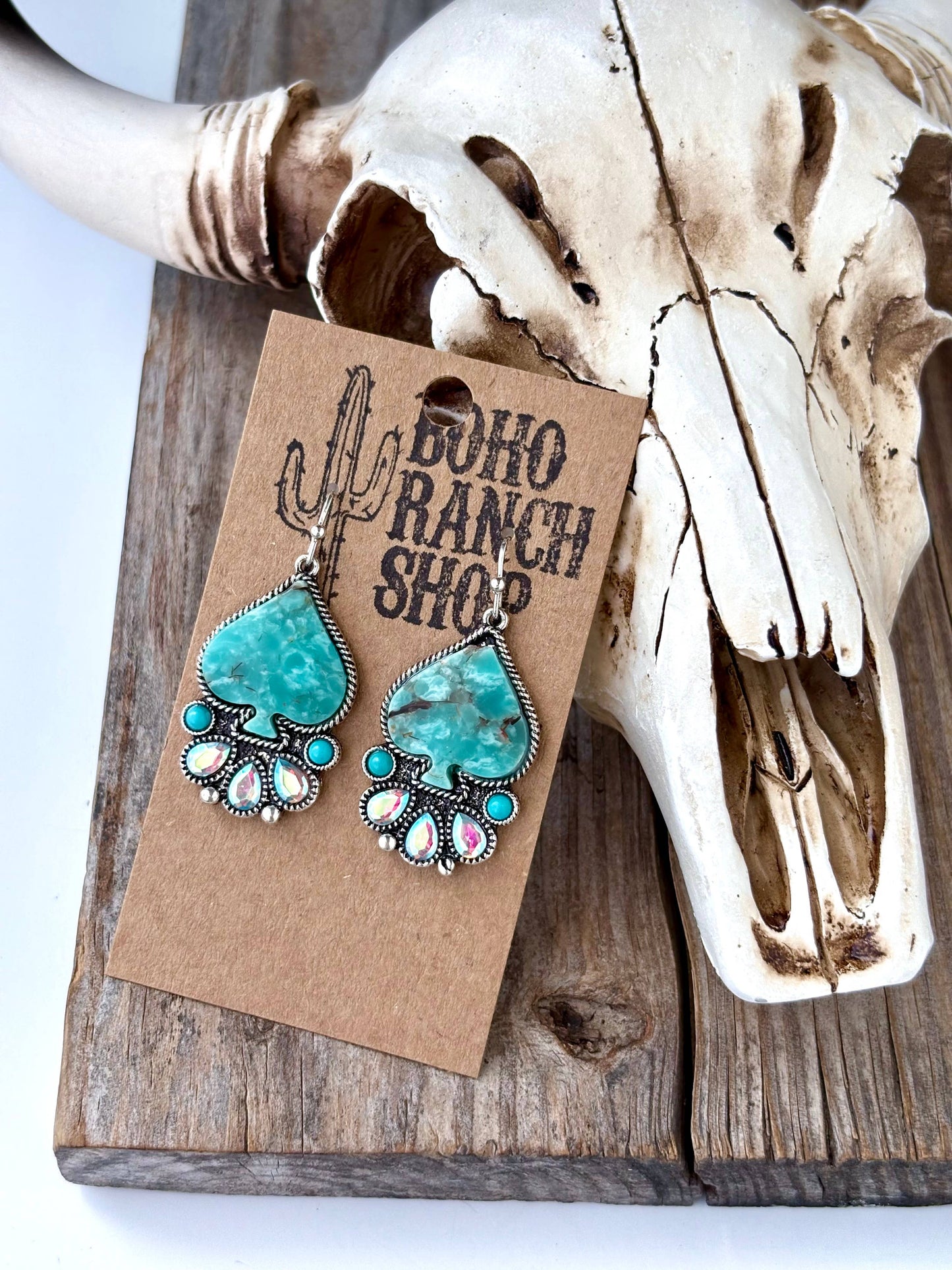 Spade Turquoise Stone & Rhinestone Dangle Earrings
