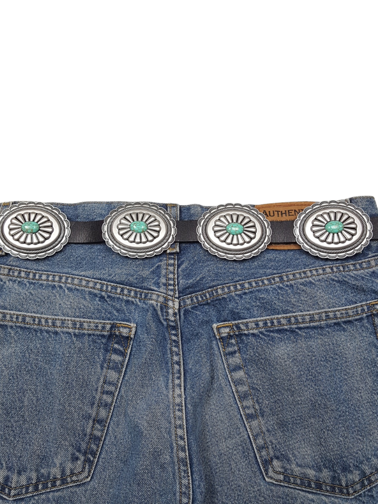 Genuine Leather belt w. full-packed oval stone conchos: Brown / Axesoria