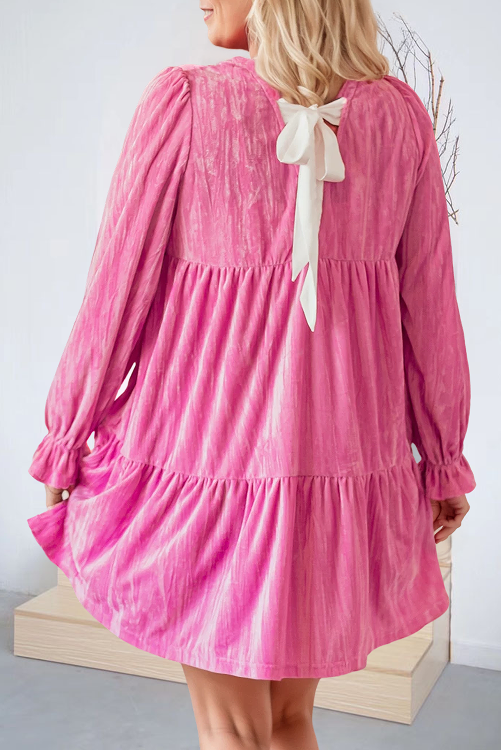 Pink Flounce Sleeve Tiered Ruffled Velvet Mini Dress 66
