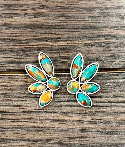 Western Half Flower Gemstone 1.2” Stud Earrings Turquoise and Orange 726394 Isac