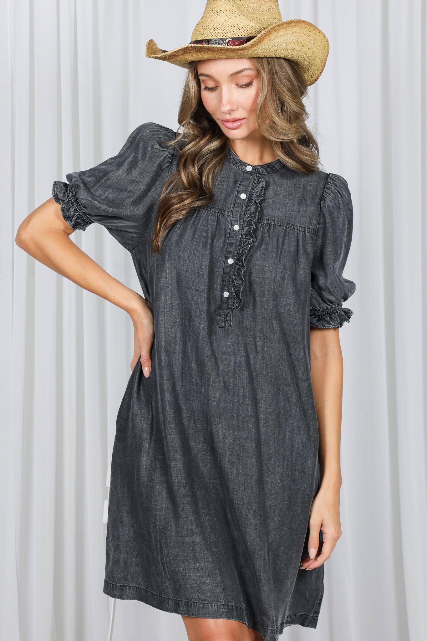 Ruffle Detail Chambray Tencel Mini Dress LV Denim Blue