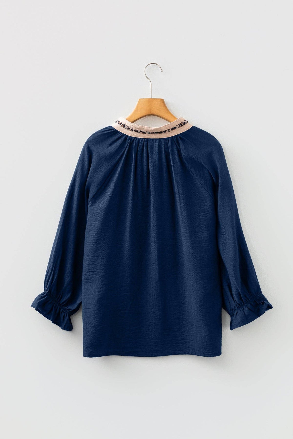Leopard Trim Flounced  3/4 Sleeve V-Neck Blouse: Dirty blue / XL