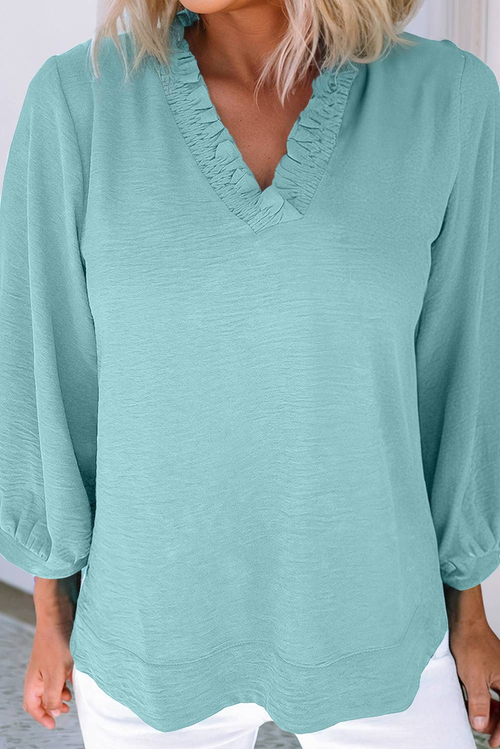 LDC Frilled V Neckline Bracelet Sleeve Crinkled Blouse: Moonlight Jade / S