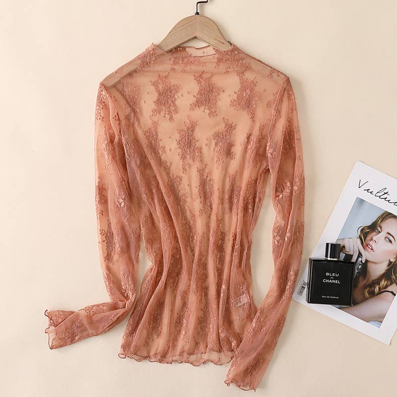 Semi Sheer Mesh Floral Lace Layering See Through Top: Cream/Off White Rosa