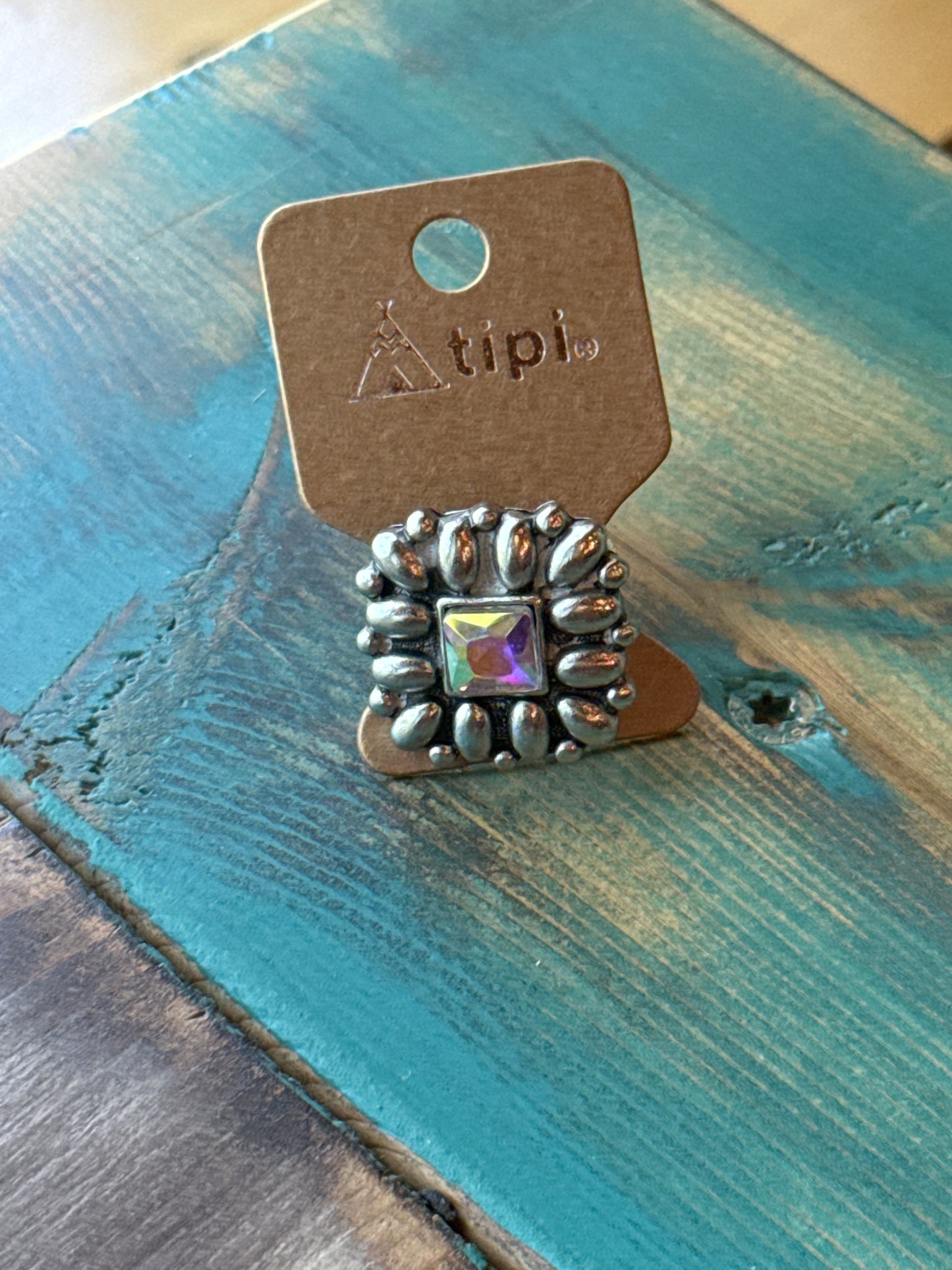 Square Gun Metal With Iridescent Stone Tipi Adjustable Ring