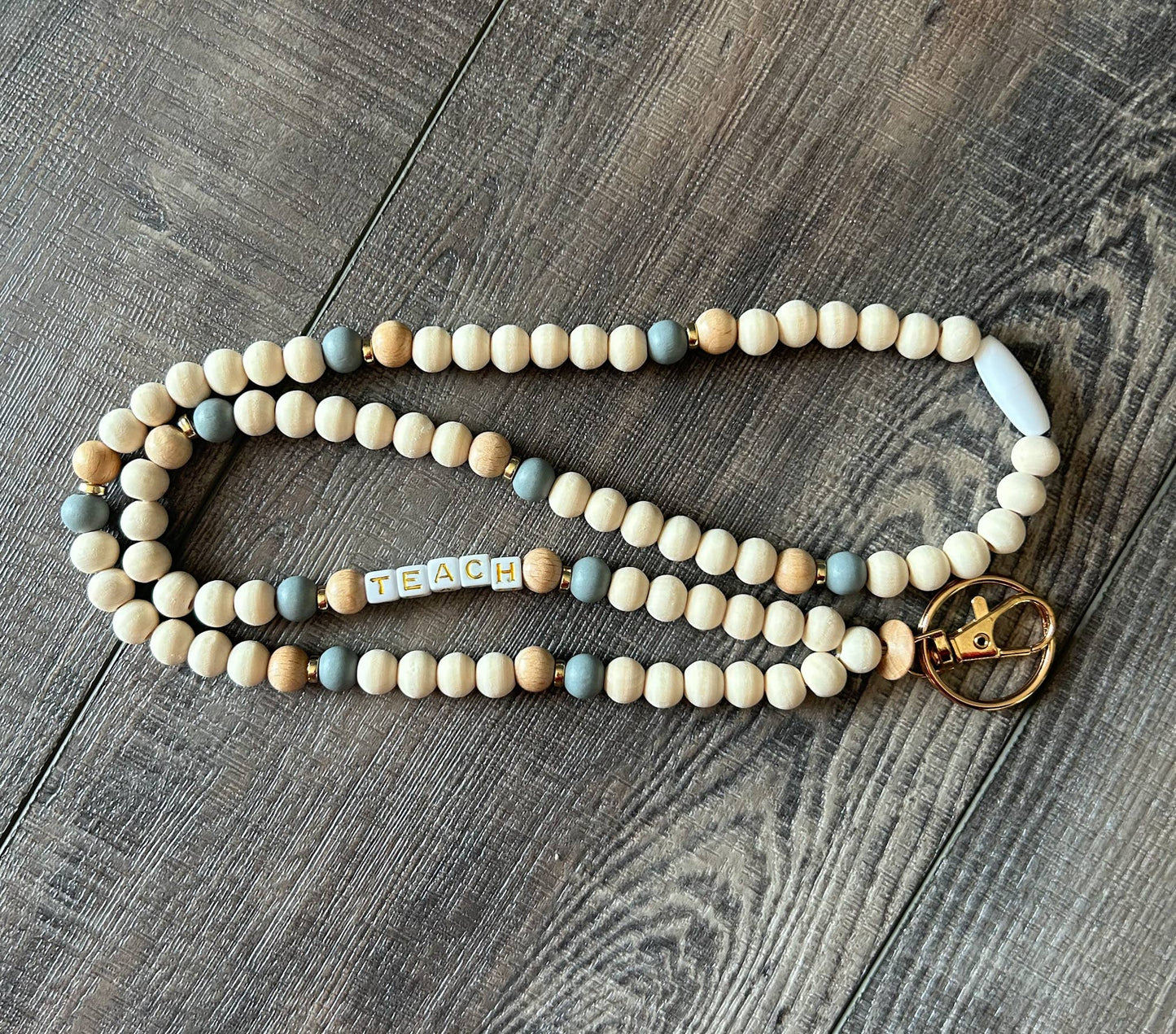 Teach Grey and Wood Beaded Lanyard with Breakaway Clasp JInk