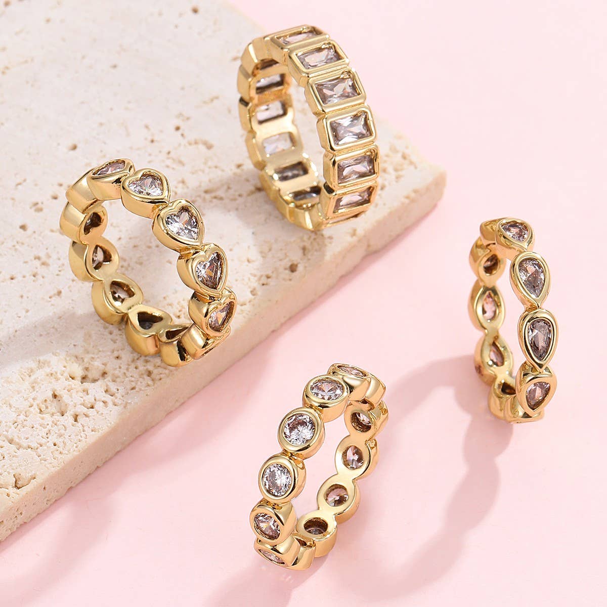 Gold Rhinestone Multi-Shape Eternity Stack Rings | 40R142: RECTANGLE