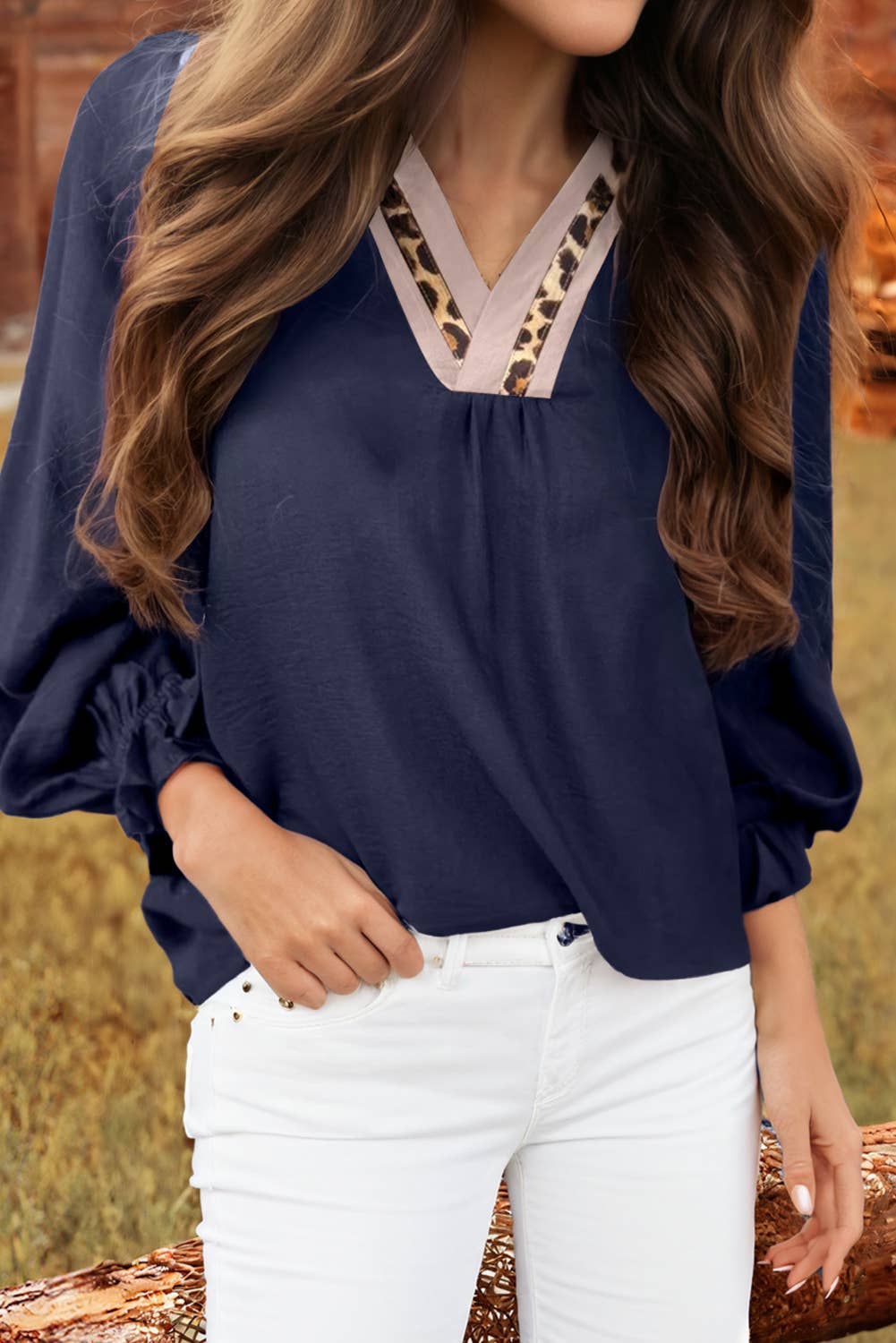 Leopard Trim Notch Neck Flounced Bracelet Sleeve Blouse: Violet Fashionw