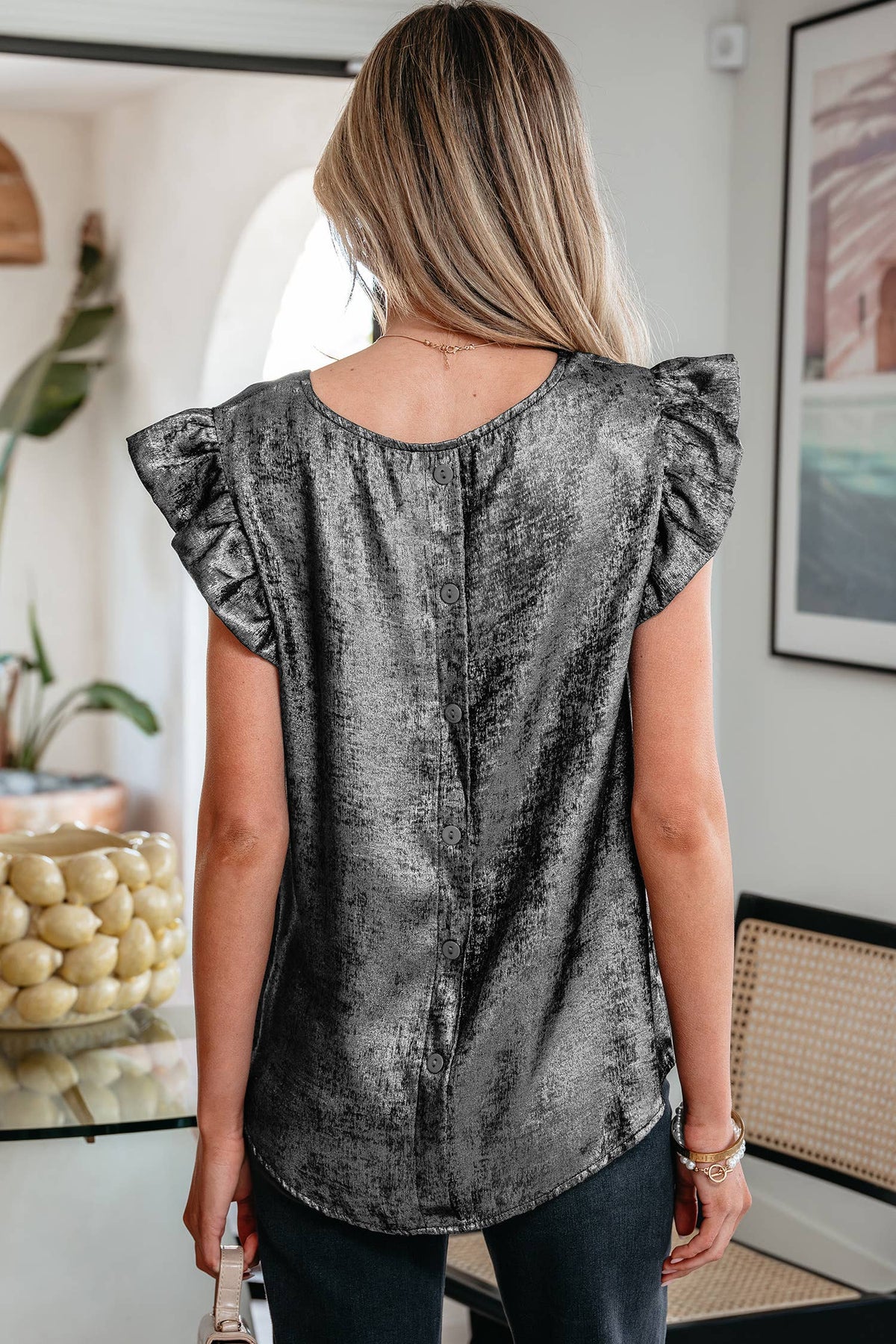 Metallic Ruffle Trim Sleeveless Round Neck Top: Silvery / XL