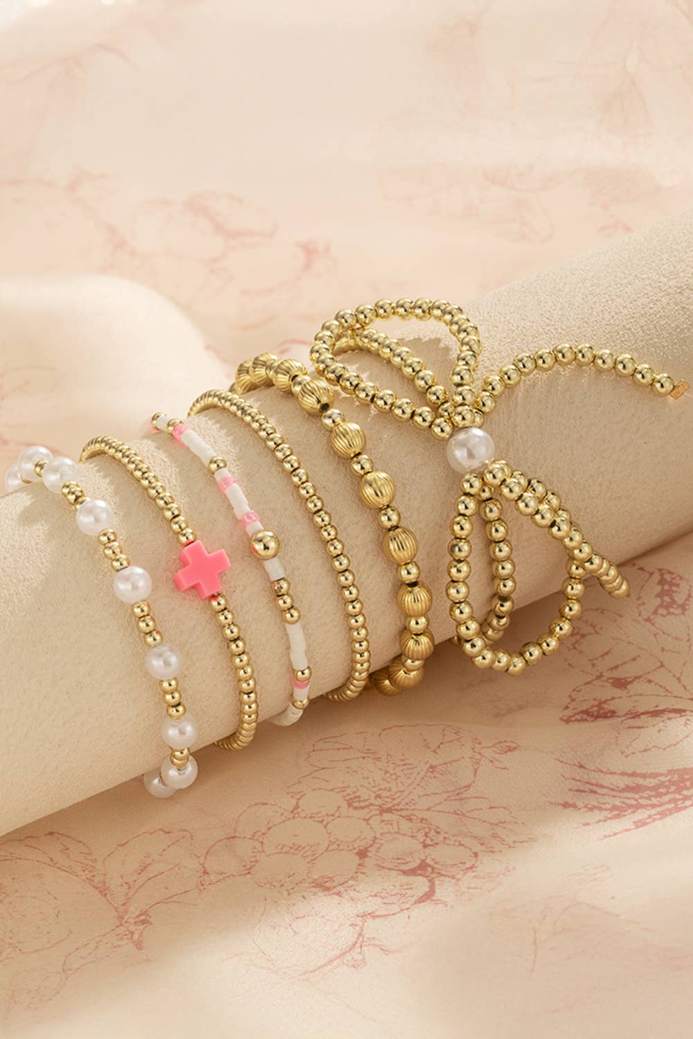 Bow Knot Pearl Decor Beaded Plated Layered Bracelet: Gold LDC