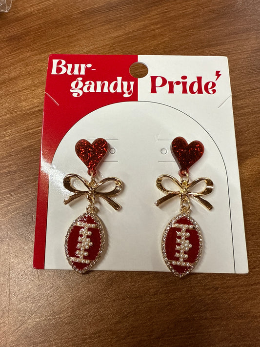 Heart Bow Football Burgandy Pride Earrings