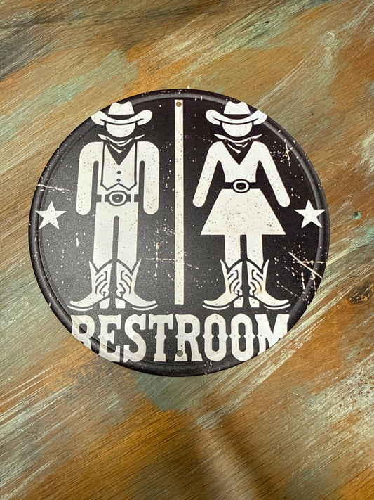 Round Metal Western Bathroom Sign