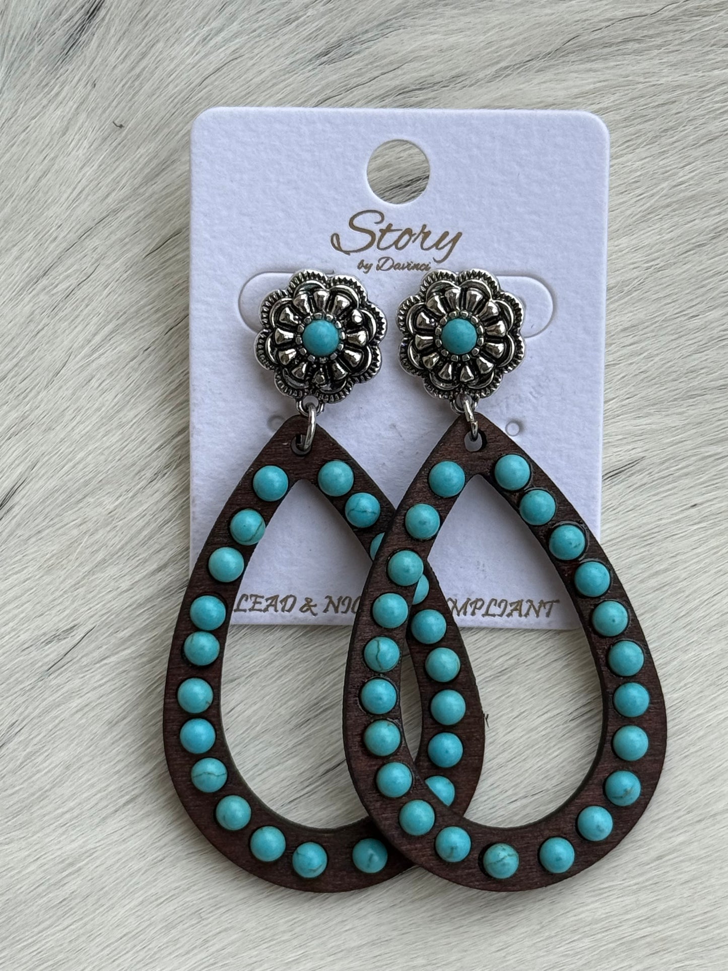 Flower Earrings with Wooden Teardrop with Turquoise stones Story