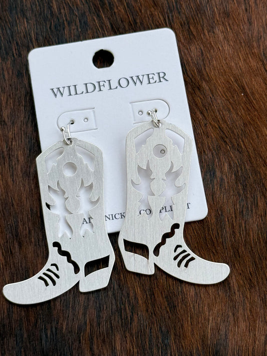 Silver Metal Boot Wildflower Earrings