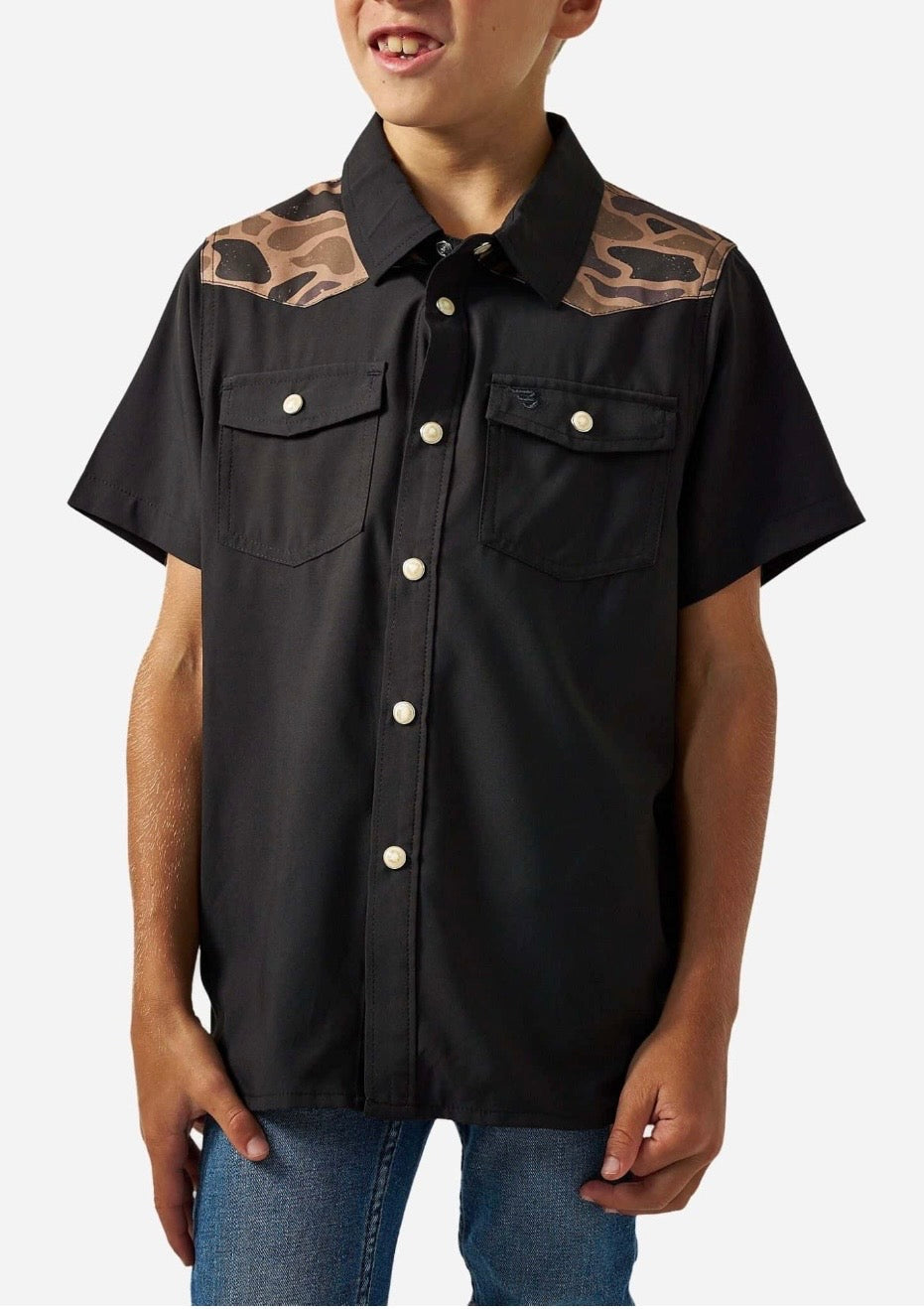 Deer SNZ Black and Gauge Camo Performance Western Shirt with Pearl Snaps Tx/ Fl Y-PWS-DRSZN